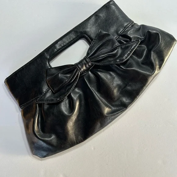 Black Leather Bow Handbag Purse Clutch with Bow - Picture 1 of 6